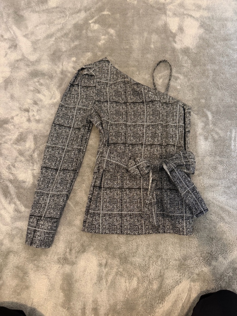 River Island One-Shoulder Gray Windowpane Belted Dress